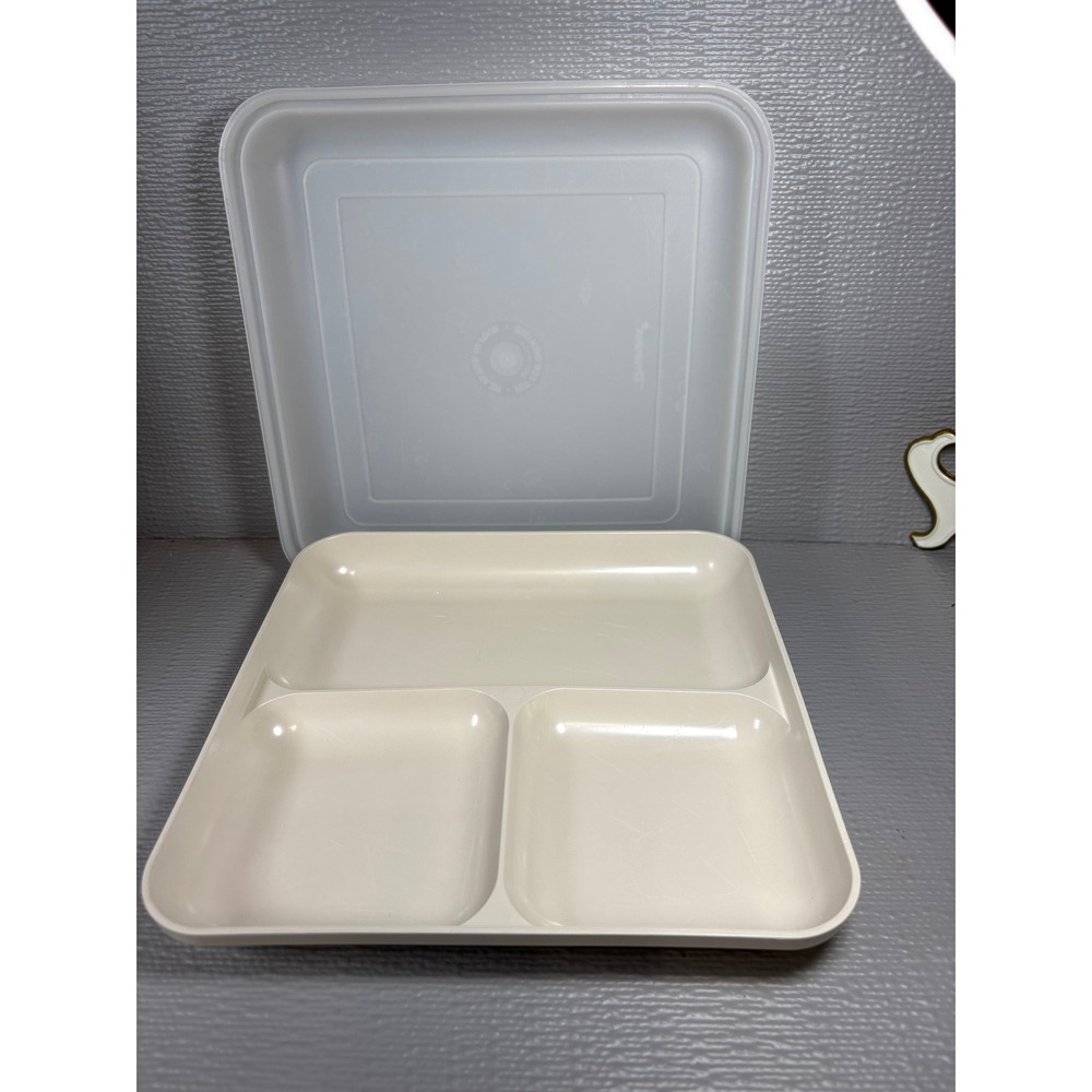 Vintage Tupperware Heat N Serve Divided Plate with Lid Almond Beige 9x9 1676-4
